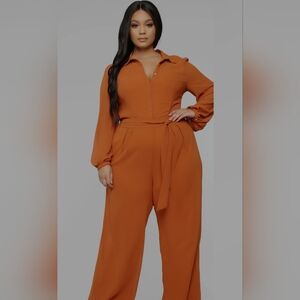 Fashion Nova Orange Jumpsuit with Billowy Sleeves and Wide-Leg Design